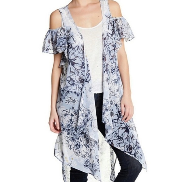 NWT BCBG Boho Floral Sheer Cold Shoulder Duster Kimono One Size Cover Up - Picture 1 of 7
